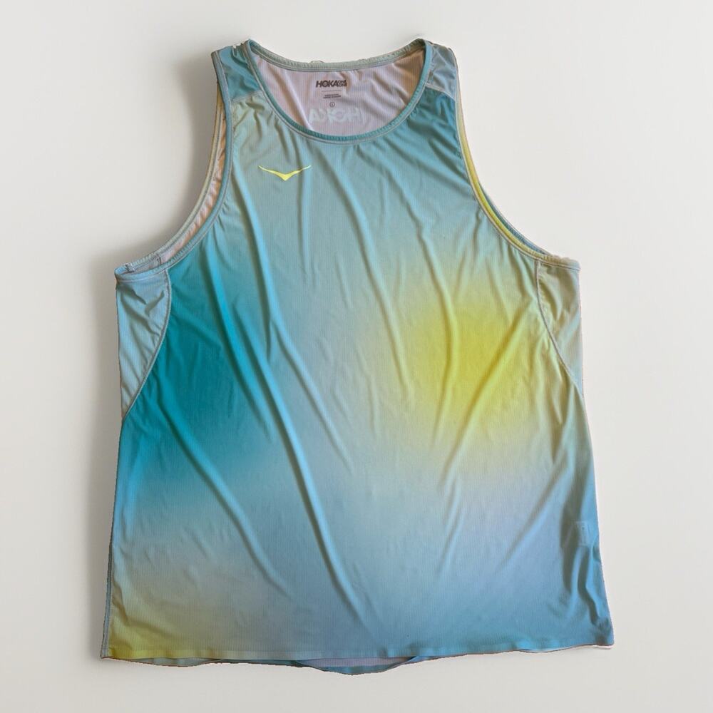 Hoka One One Running Aerolite Tank Mens L Top Green Blue Sleeveless Shirt